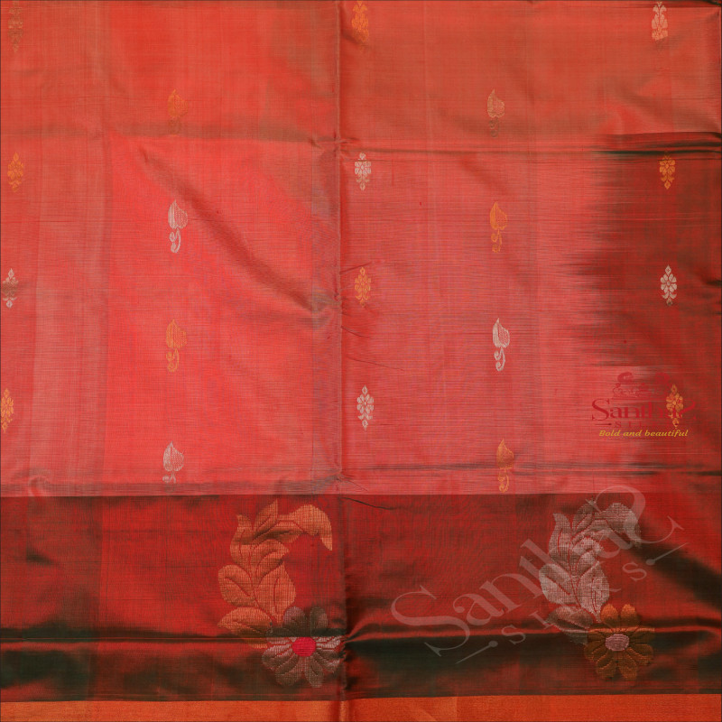 PASTEL PEACH COLOUR BODY WITH GOLDEN AND SILVER ZARI LEAF BUTTA WITH CONTRAST BLOUSE & PALLU