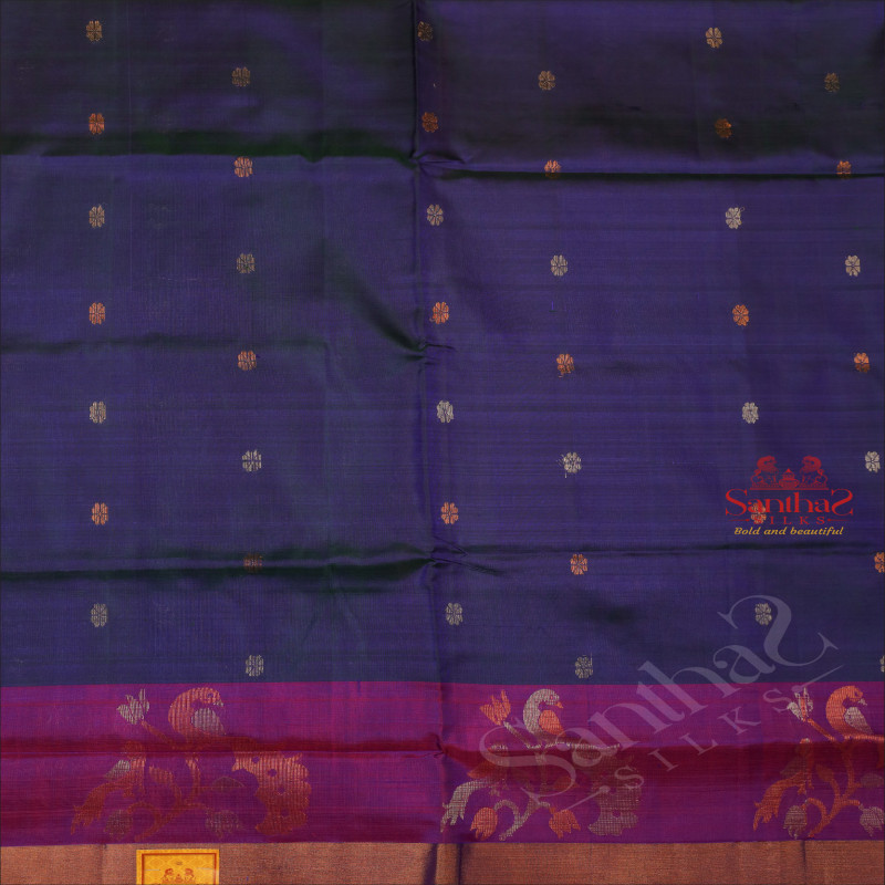 DARK VIOLET COLOUR BODY WITH GOLDEN AND COPPER ZARI BUTTA WITH CONTRAST BLOUSE & BORDER