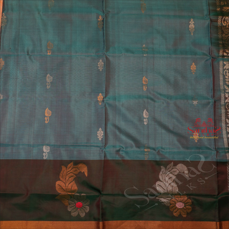 DUAL SHADE BLUE COLOUR BODY WITH GOLDEN ZARI BUTTA WITH CONTRAST BLOUSE & BORDER