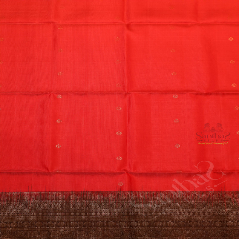 ORANGE RED COLOUR BODY WITH GOLDEN ZARI BUTTA WITH CONTRAST BLOUSE & BORDER