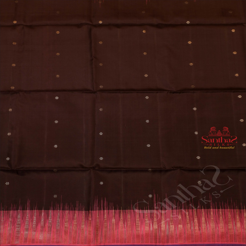 COFFEE BROWN COLOUR BODY WITH SILVER ZARI FLORAL BUTTA WITH CONTRAST BLOUSE & BORDER