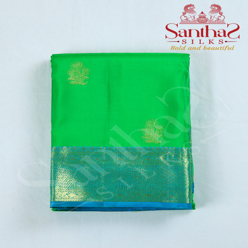 Parrot Green with Sky Blue Border Pure Silk Saree