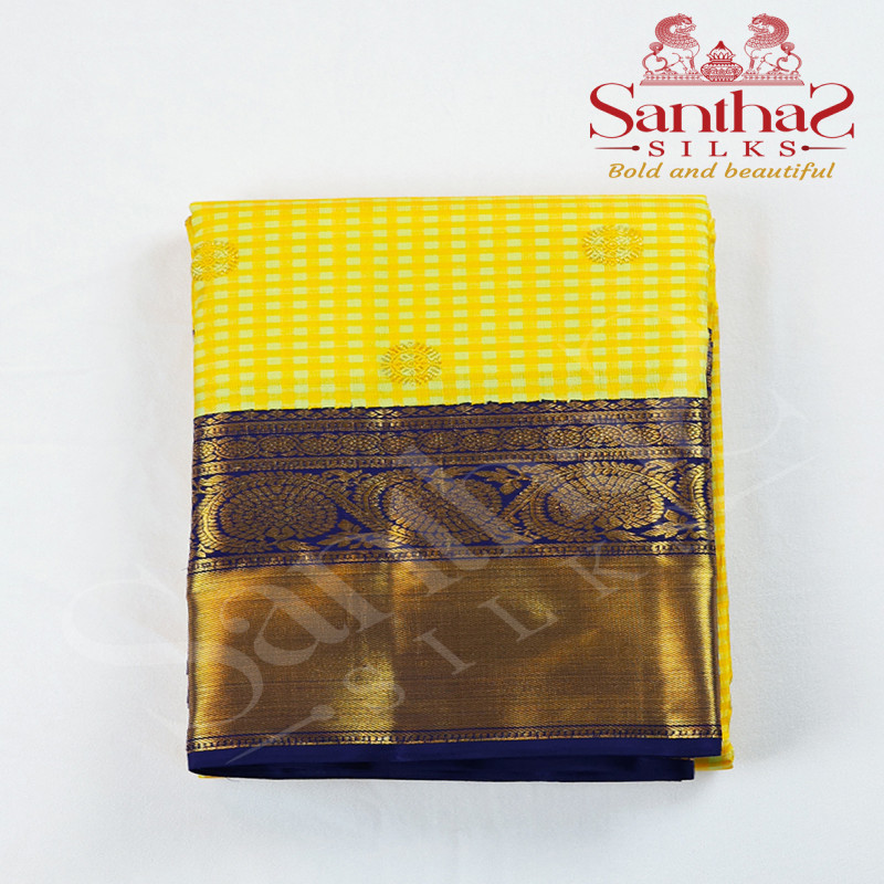 Yellow Checks Pure Silk Saree with Navy Blue Border