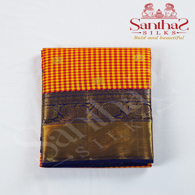 Pink with Yellow Checks Pure Silk Saree with Navy Blue Border