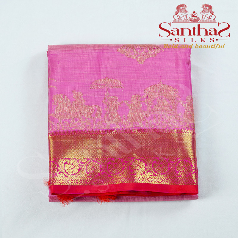 Baby Pink Color Pure Silk Saree with Wedding Theme Border