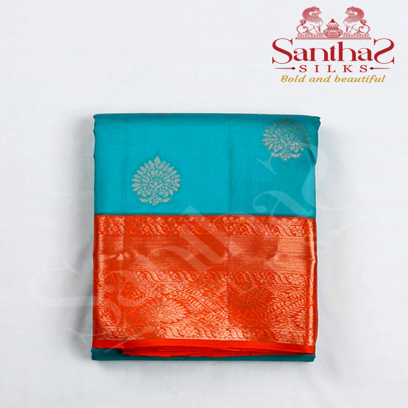 Teel Blue Pure Silk Saree with  Korvai Orange Border