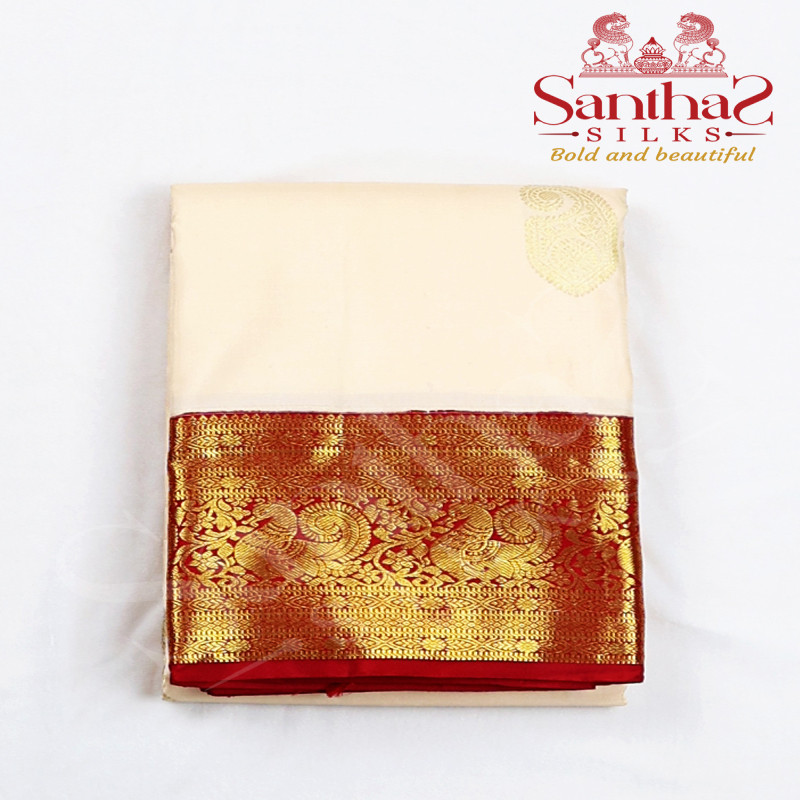 Half White Body Mango Motif with Red Peacock Korvai Border