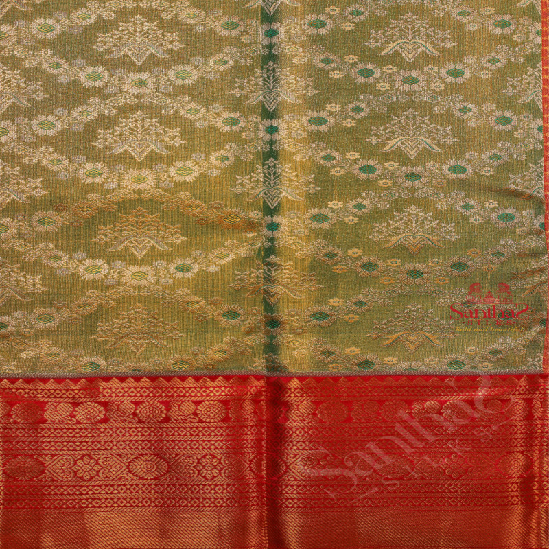 GREEN AND GOLD COLOUR MIXED BODY WITH SILVER & GOLDEN ZARI FANCY BUTTAS AND CONTRAST PALLU & BLOUSE