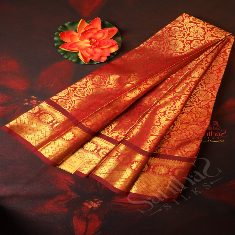 MAROON COLOUR BODY WITH GOLDEN ZARI FLORAL PATTERN WITH SELF BLOUSE