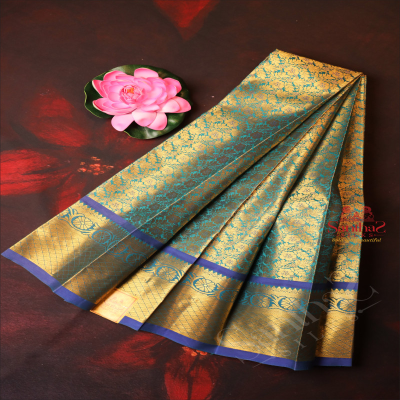 BLUE COLOUR BODY WITH GOLDEN ZARI FLORAL PATTERN WITH SELF BLOUSE