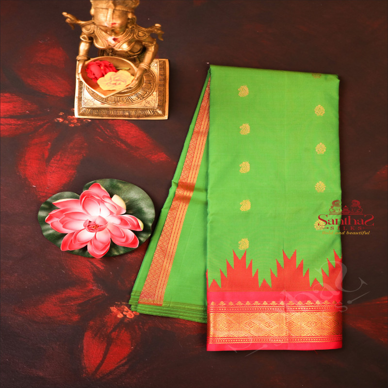 GREEN COLOUR BODY WITH GOLDEN ZARI BUTTAS & SINGLE SIDE BORDER WITH GOPURAM THREAD BUTTA AND CONTRAST PALLU WITHOUT BLOUSE