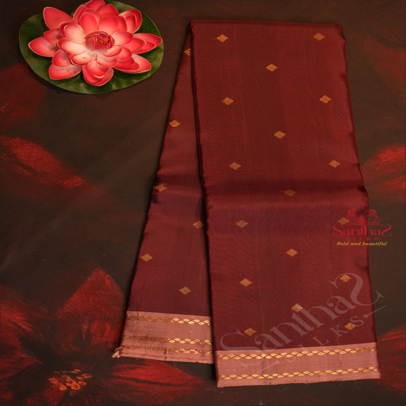 DARK MAROON COLOUR BODY WITH GOLDEN ZARI BUTTA WITH CONTRAST BLOUSE & BORDER