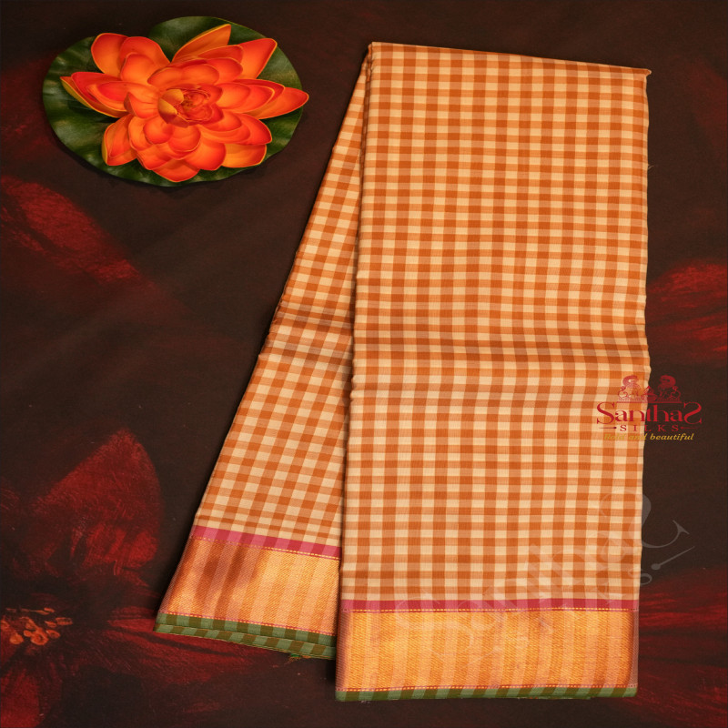 CREAM AND METALIC GOLD COLOUR BODY WITH SMALL CHECKED AND CONTRAST COLOUR BLOUSE AND PALLU