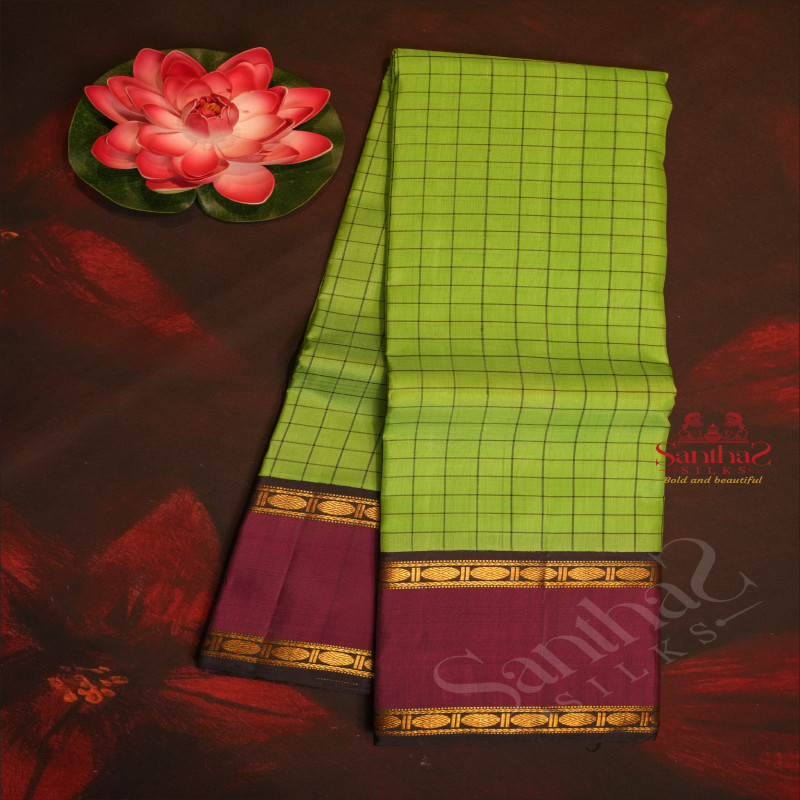 PISTHA GREEN COLOUR CHECKED BODY WITH CONTRAST BLOUSE & BORDER