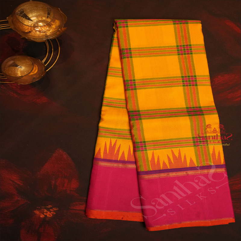 MANGO YELLOW COLOUR BODY WITH MULTI COLOUR CHECKED STRIPS WITH CONTRAST BLOUSE & BORDER