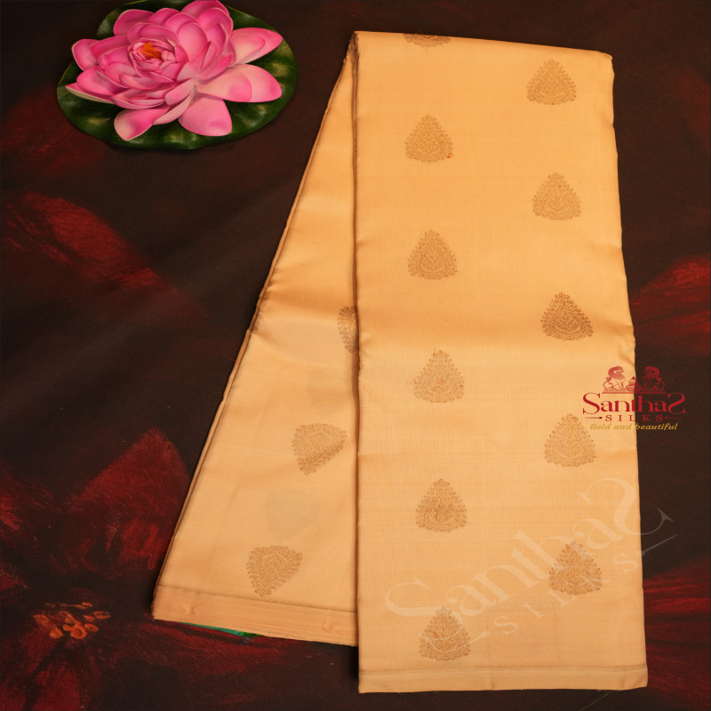 HALF WHITE COLOUR BODY WITH GOLDEN ZARI THILAGAM MOTIFS AND CONTRAST COLOUR BLOUSE & PALLU