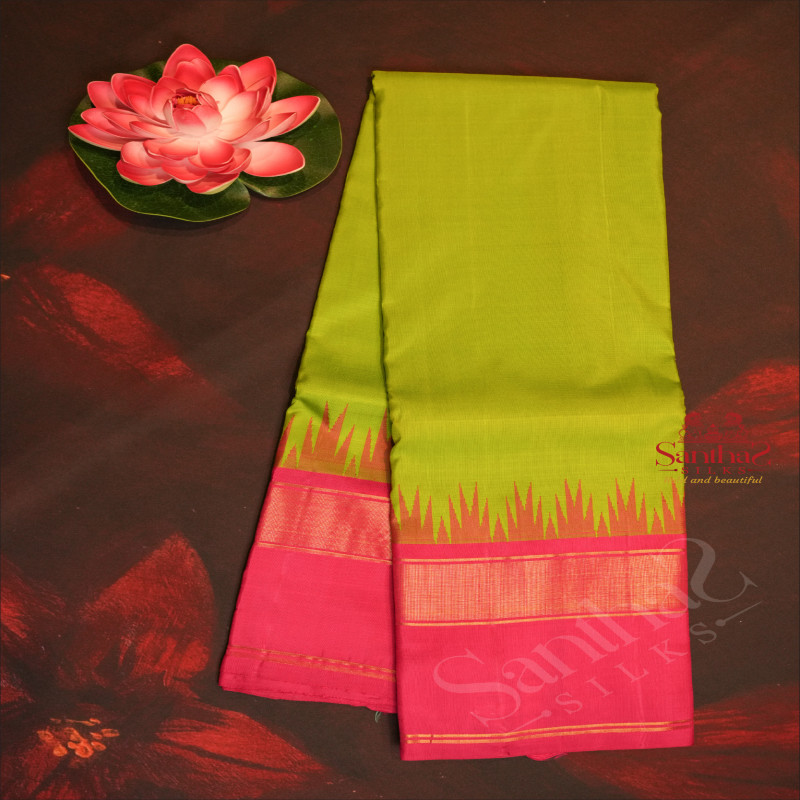 PARROT GREEN COLOUR BODY THALAMBOO BUTTA WITH CONTRAST BLOUSE & BORDER