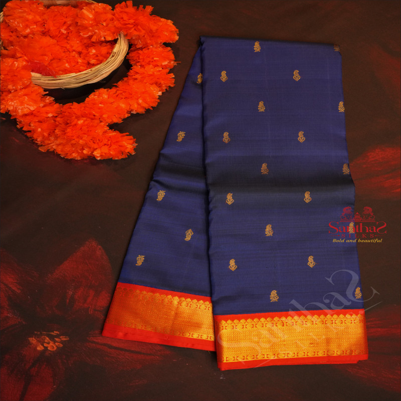 DARK BLUE COLOUR BODY WITH GOLDEN ZARI SMALL BUTTAS AND CONTRAST COLOUR BLOUSE & PALLU