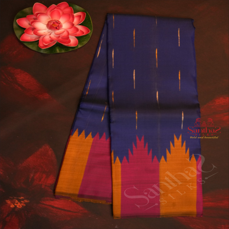 BORDERLESS INK BLUE COLOUR BODY THALAMBOO THREAD BUTTA WITH CONTRAST BLOUSE