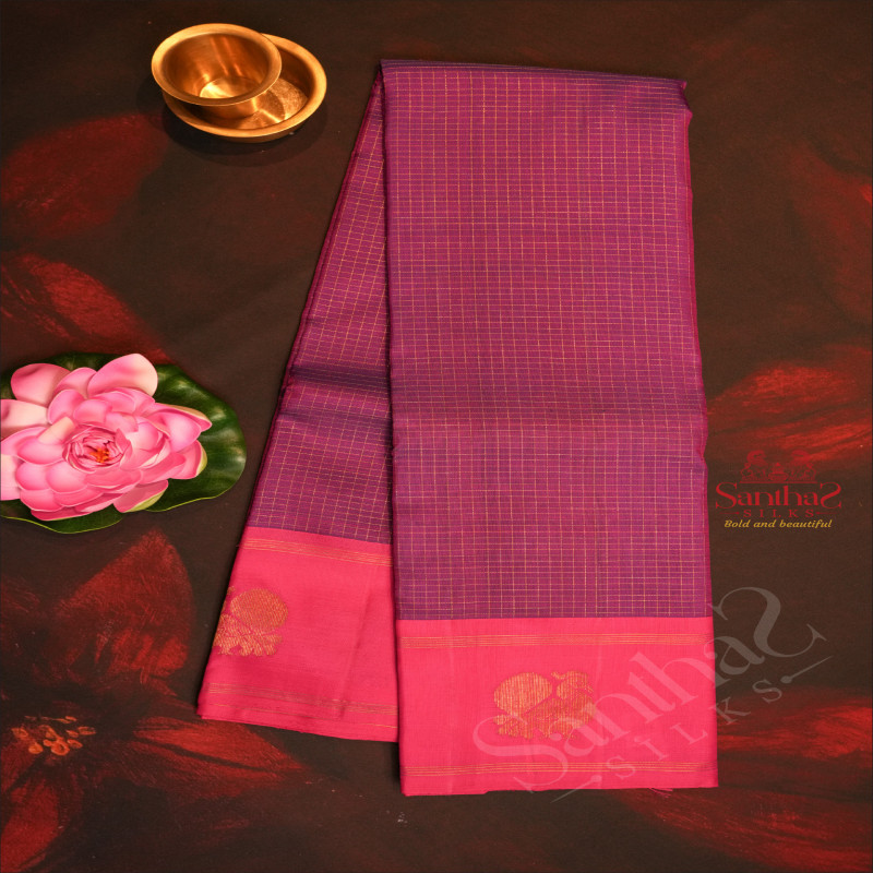 PURPLE COLOUR CHECKED BODY WITH ANNAM BUTTA WITH CONTRAST BLOUSE & BORDER