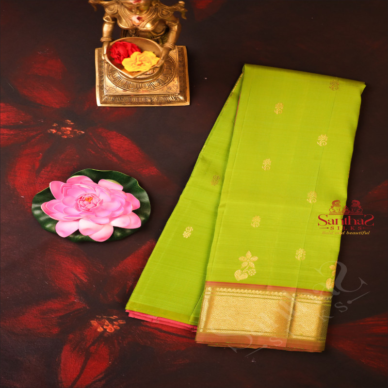 APPLE GREEN COLOUR BODY WITH GOLDEN ZARI BUTTAS & SINGLE SIDE BORDER AND CONTRAST PALLU WITHOUT BLOUSE