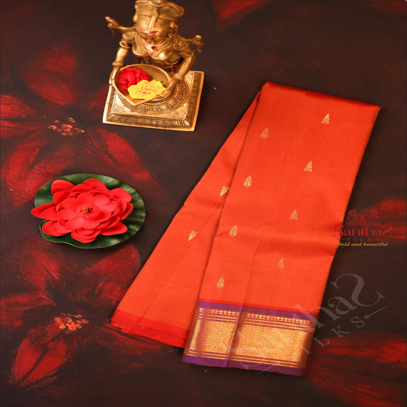 LIGHT AMBER COLOUR BODY WITH GOLDEN ZARI BUTTAS & SINGLE SIDE BORDER AND CONTRAST PALLU WITHOUT BLOUSE