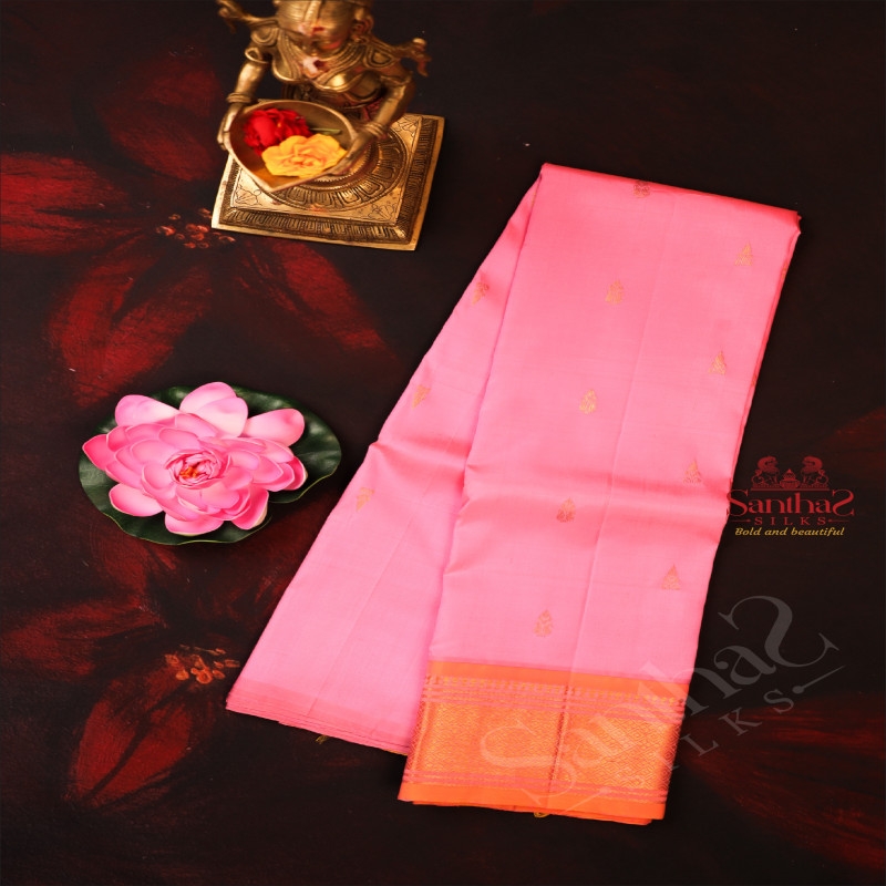 ONESIDE BORDER BABY PINK COLOUR BODY WITH GOLDEN ZARI BUTTA & WITHOUT BLOUSE
