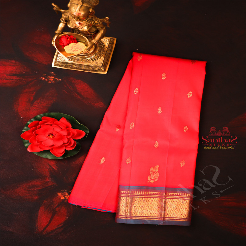 ONESIDE BORDER REDISH PINK COLOUR BODY WITH GOLDEN ZARI BUTTA & WITHOUT BLOUSE