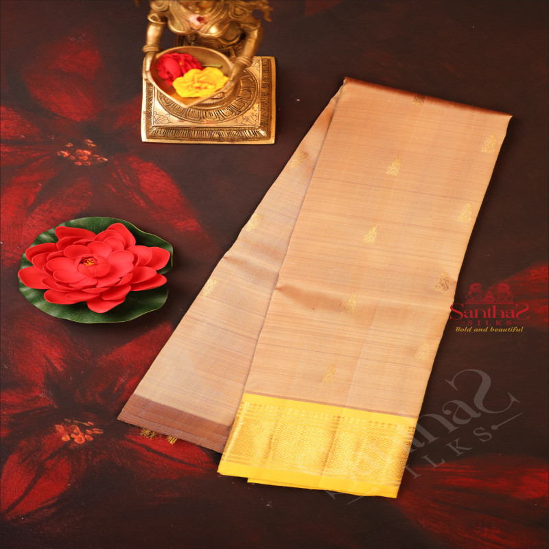 SATIN SHEEN GOLD COLOUR BODY WITH GOLDEN ZARI BUTTAS & SINGLE SIDE BORDER AND CONTRAST PALLU WITHOUT BLOUSE