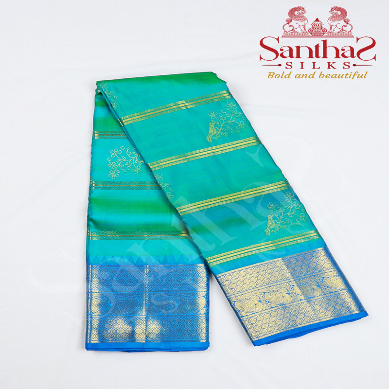 Green Double Shade Pure Silk Saree with Blue Border