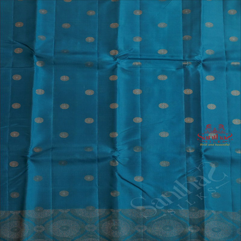 BORDERLESS BLUE COLOUR BODY WITH GOLDEN ZARI COIN BUTTA WITH CONTRAST BLOUSE