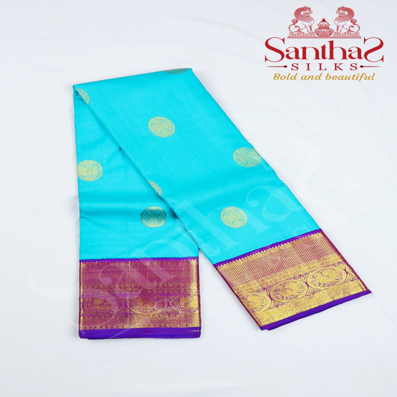 Blue Pure Silk Saree with Magenta Border