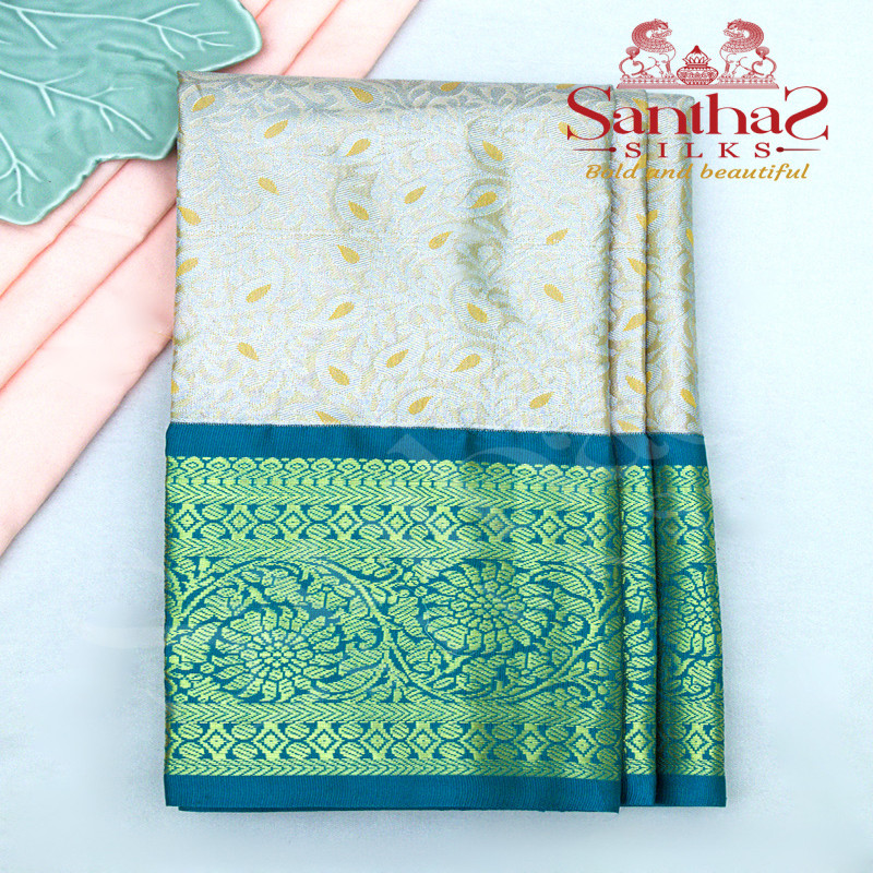 SILVER TISSUE  BODY WITH CONTRAST BLOUSE & BORDER