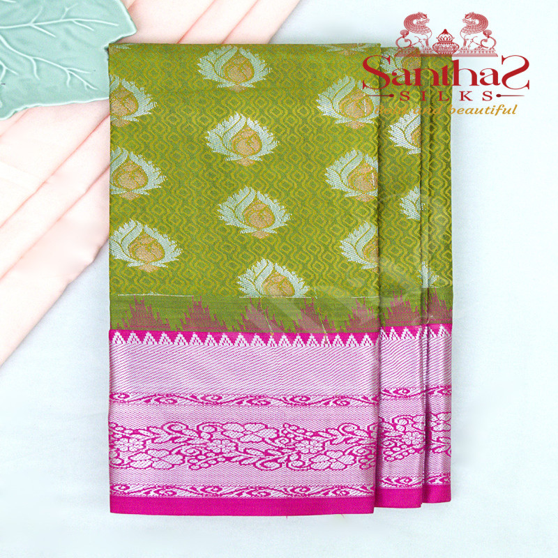 MEHANDHI GREEN COLOUR BODY IN ZARI BUTTA WITH CONTRAST BLOUSE & BORDER