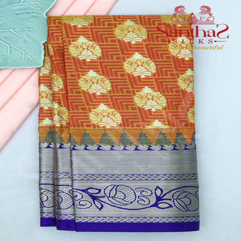 GOLDISH RED BODY IN ZARI BUTTA PATTERN WITH CONTRAST BLOUSE & BORDER