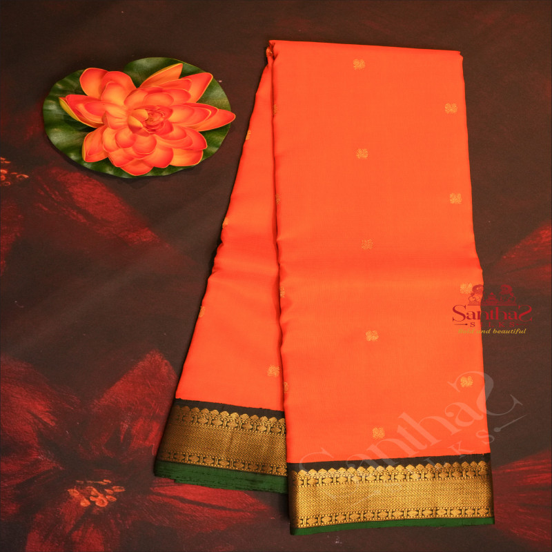RED ORANGE COLOUR BODY WITH GOLDEN ANNAM BUTTA WITH CONTRAST BLOUSE & BORDER