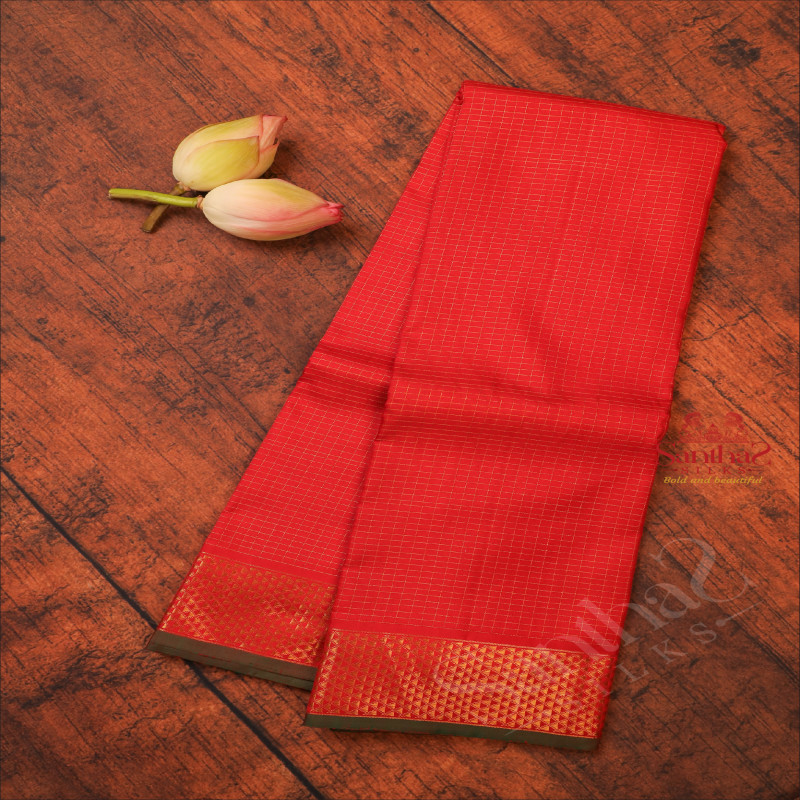 RED COLOUR CHECKED BODY WITH SELF BLOUSE & BORDER