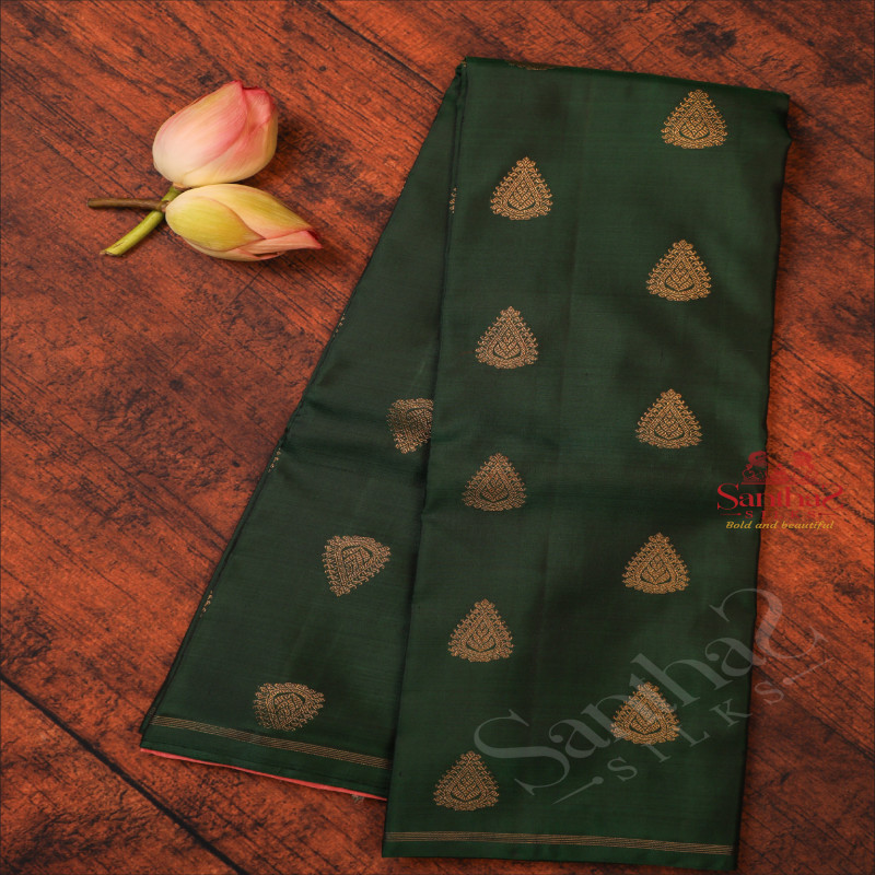 BOTTLE GREEN COLOUR BODY WITH GOLDEN ZARI BUTTA WITH  CONTRAST BLOUSE