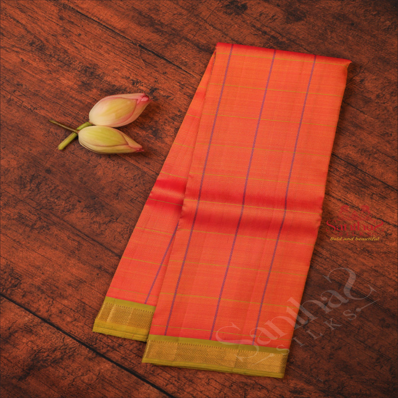 PEACH ORANGE COLOUR CHECKED BODY WITH CONTRAST BLOUSE & WITHOUT BLOUSE