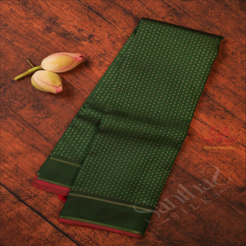 DARK GREEN COLOUR BODY WITH GOLDEN ZARI BUTTA WITH SELF BLOUSE & BORDER