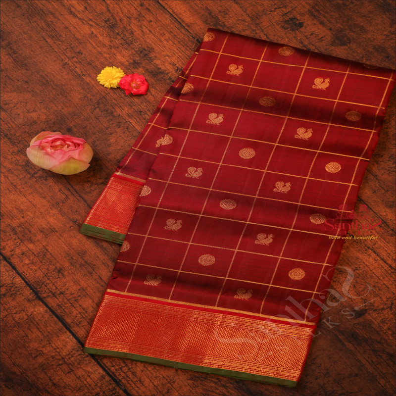 9 YARDS MADISAR MAROON COLOUR CHECKED BODY WITH ANNAM CHAKKARAM BUTTA & WITHOUT BLOUSE