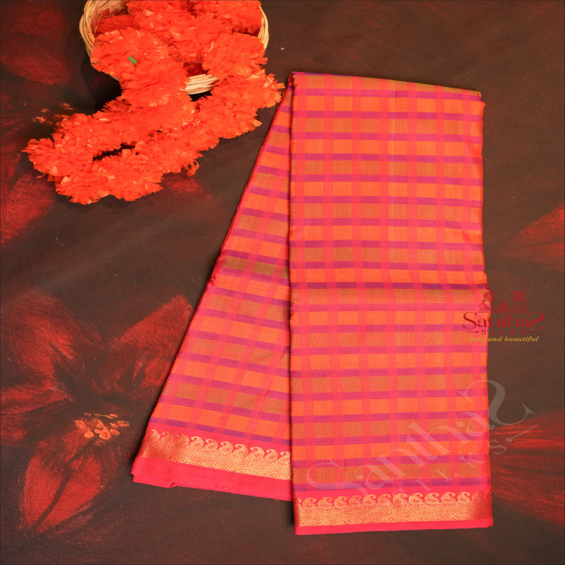 MULTI COLOUR BODY WITH ROSE CHECKS GOLDEN ZARI MANGO BUTTA BORDER & WITHOUT BLOUSE