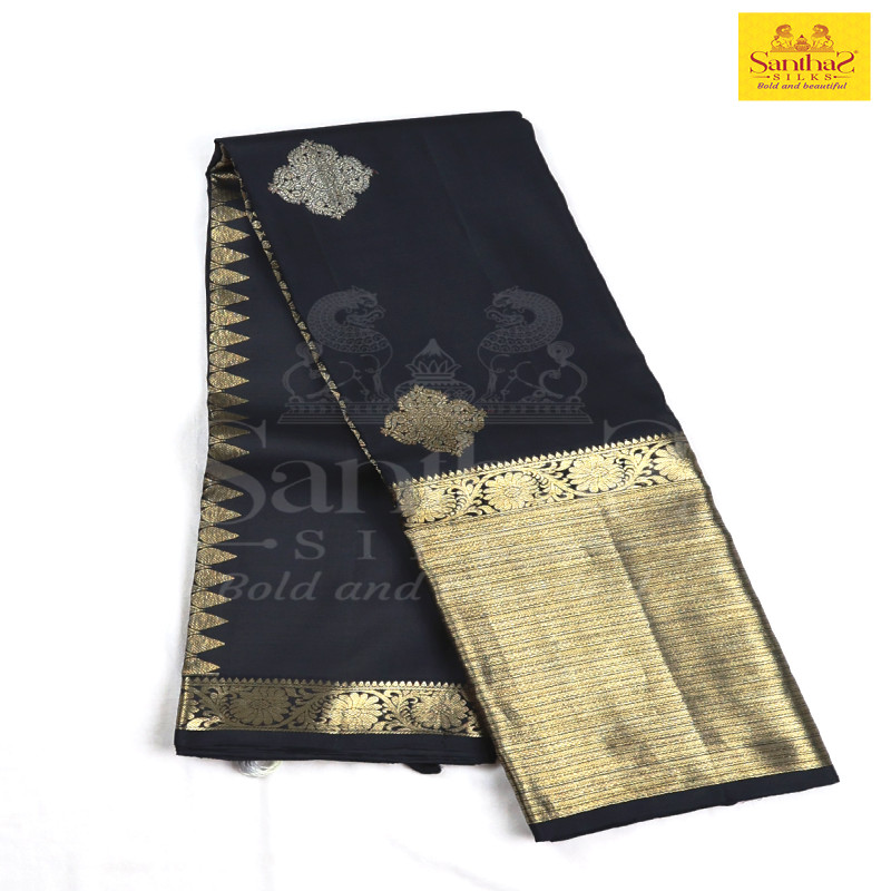 Black Pure Silk Saree with Gold Zari Big  Border