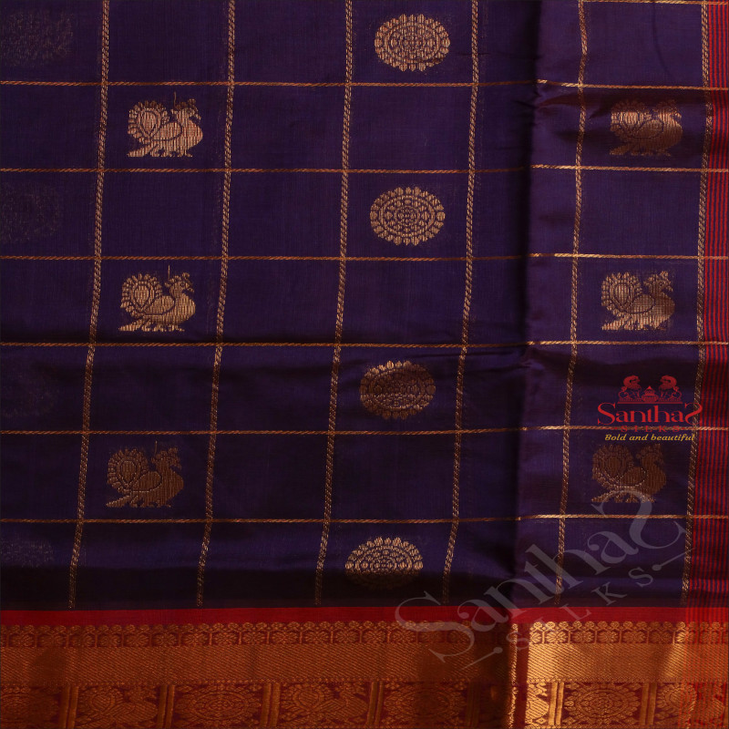 DARK VIOLET COLOUR CHECKED BODY WITH GOLDEN ZARI ANNAM CHAKKARAM BUTTA WITH CONTRAST BLOUSE & BORDER