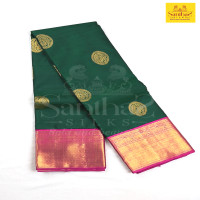 Dark Green Pure Silk Saree with Korvai Pink Border