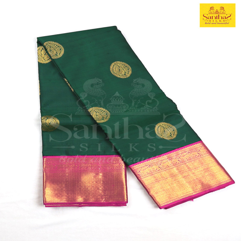 Dark Green Pure Silk Saree with Korvai Pink Border