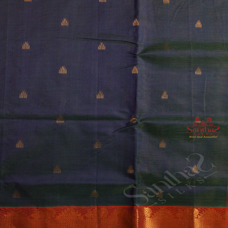 BLUE COLOUR BODY WITH GOLDEN ZARI GOPURAM BUTTA WITH CONTRAST BLOUSE & BORDER