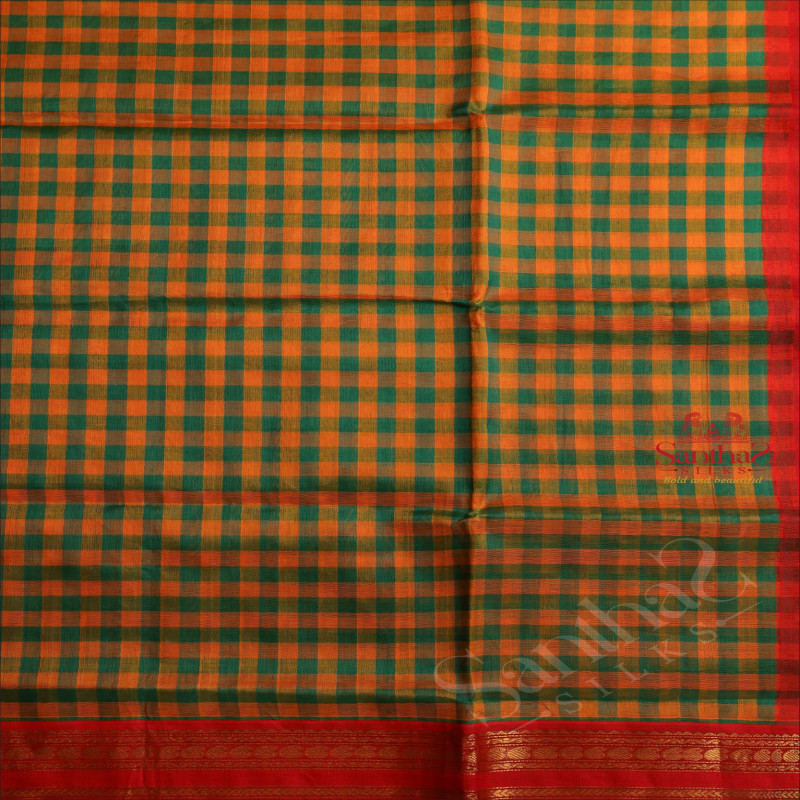 YELLOW AND GREEN COLOUR CHECKED BODY WITH CONTRAST BLOUSE & BORDER