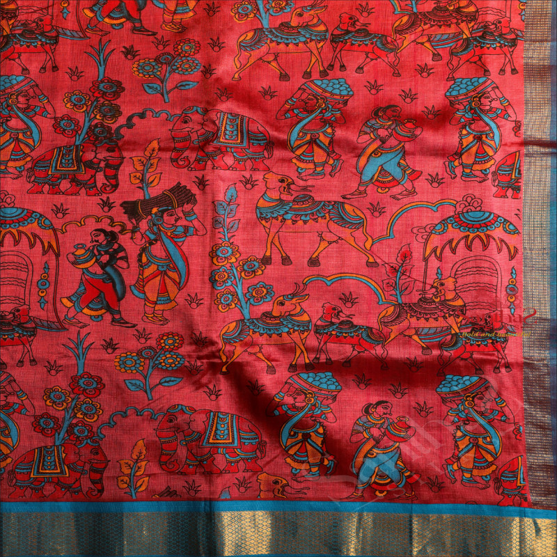DARK PINK COLOUR BODY WITH PICHWAI PAINTING WITH CONTRAST BLOUSE & BORDER