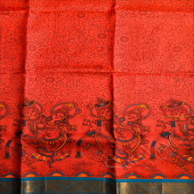 ORANGE COLOUR BODY WITH KALAMKARI PRINTED WITH CONTRAST BLOUSE & BORDER